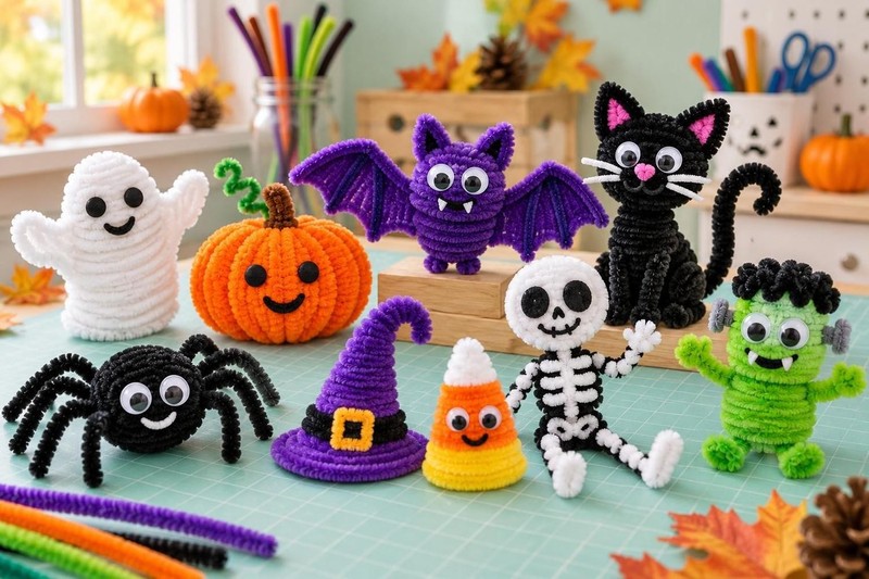 Bunte Halloween-Deko aus Pfeifenreinigern